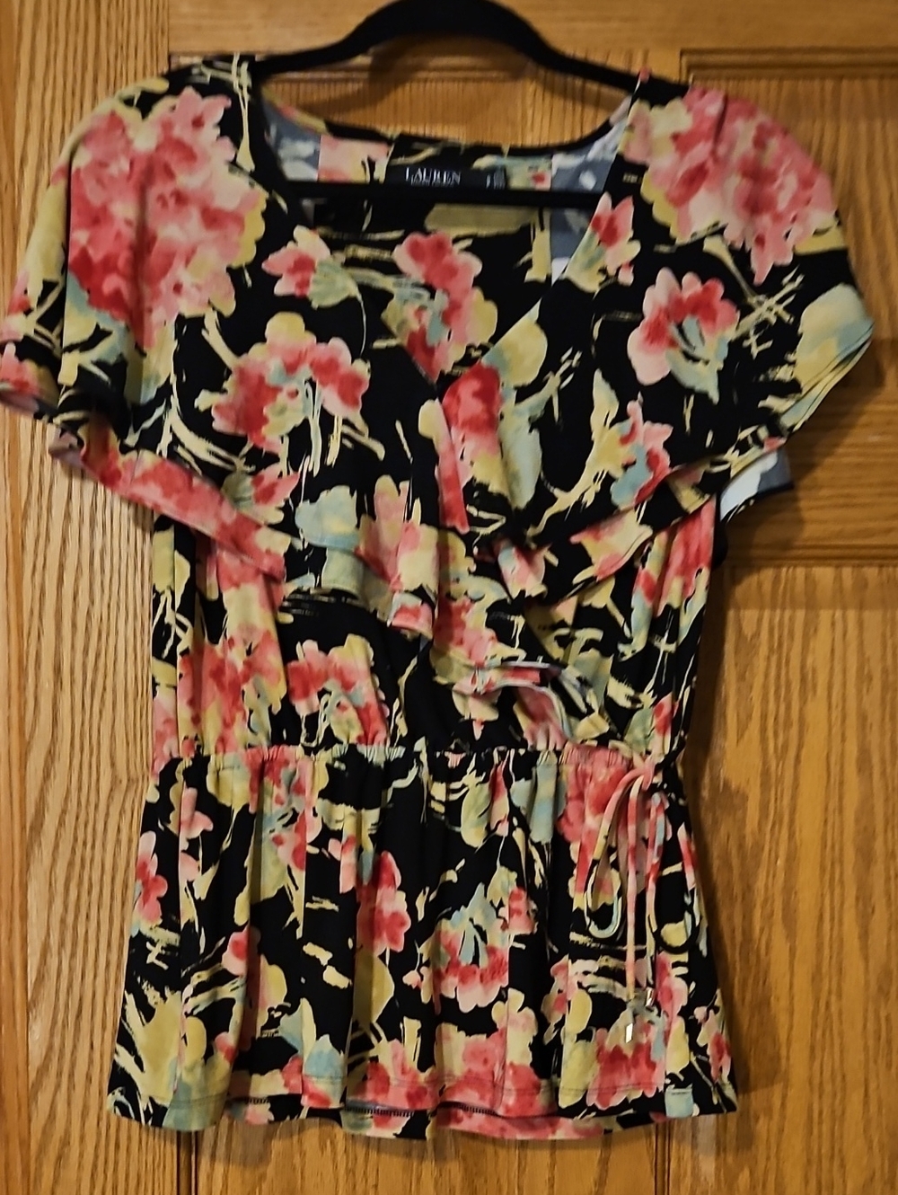 Lauren Ralph Lauren Black Floral Ruffle Waist Dress - Pink & Yellow